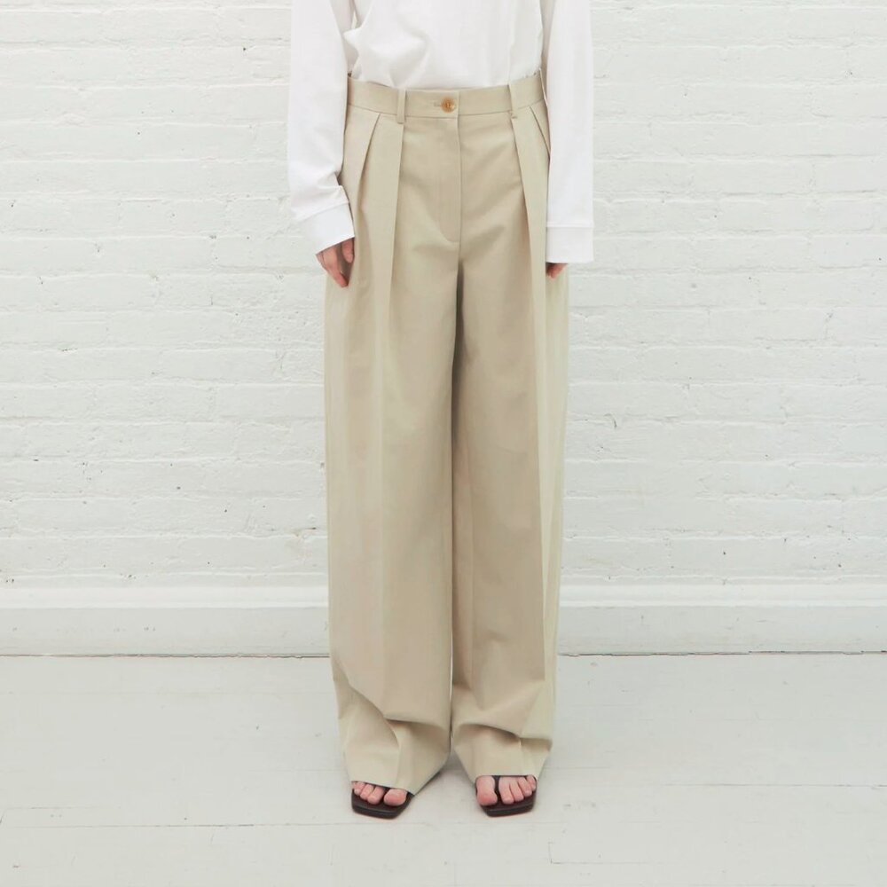 The Row Igor Oatmeal Cotton Pleated Wide-Leg Pants
